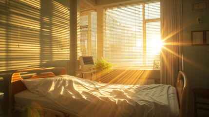 An image of a recovery room with rays of sunlight piercing through blinds, symbolizing hope and healing, hospital, dynamic and dramatic compositions, with copy space