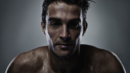 Portrait, man and water with skincare, sweating and dermatology on a grey studio background. Face,...
