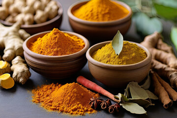 Vibrant curry powder, turmeric, ginger, and fragrant bay leaf—essential spices to elevate your culinary creations. Spice up your kitchen with these aromatic delights.