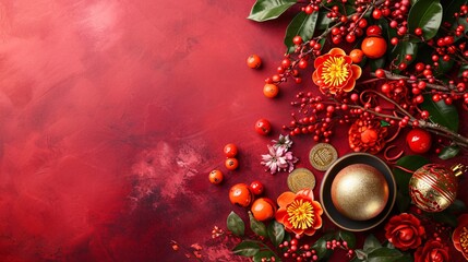 Obraz na płótnie Canvas Generated AI. Background with copy space with Chinese new year theme with red colors and flowers, golden coin, Chinese lantern.