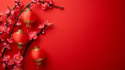 Generated AI. Background with copy space with Chinese new year theme with red colors and flowers, golden coin, Chinese lantern. - obrazy, fototapety, plakaty