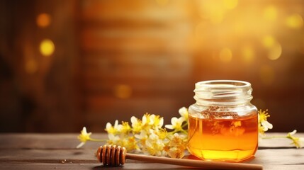 Honey Bee in glass jar with honey dipper and flowers on the wooden table,  - obrazy, fototapety, plakaty