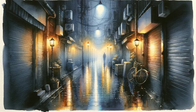 Rainy alley with lights and a lone figure.