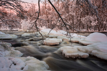 Partially frozen river flowing fast in winter forest surrounded by trees covered with snow...