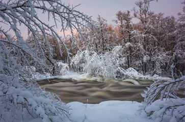 River is flowing in winter forest in the evening, trees covered with snow, Sörkvarnsforsen Nature...