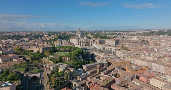 Aerial view of the urban cityscape of Rome, Italy. The Vatican with St. Peter's Basilica and a beautiful square. High quality 4k footage