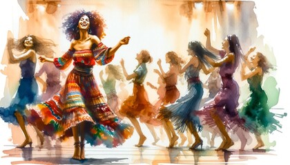 Joyful women dancing in vibrant watercolor scene.