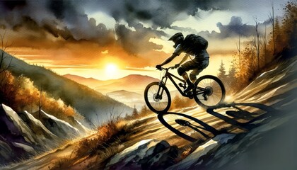 Mountain biker riding at sunset with dynamic backdrop.
