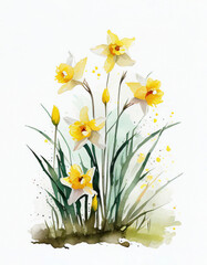 Watercolor Bouquet of Daffodils Illustration Isolated on White Background. Colorful Digital Floral Art