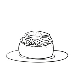 Traditional Swedish semla Hand drawn illustration line doodle, Vector sketch of sweet pastry on plate, Round wheat bun with sweet almond paste and whipped cream filling