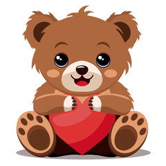 Cute brown bear sitting with heart. Drawn vector illustration. Character for Valentine day in cartoon style.