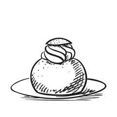 Semla hand drawn illustration, Vector sketch of sweet pastries on a plate, Traditional Swedish food round wheat bun with sweet almond paste and whipped cream filling
