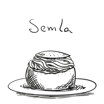 Traditional Swedish semla Hand drawn illustration, Vector sketch of sweet pastry on plate with word Semla, Round wheat bun with sweet almond paste and whipped cream filling