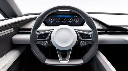 Modern car interior. Steering wheel with media phone control buttons 