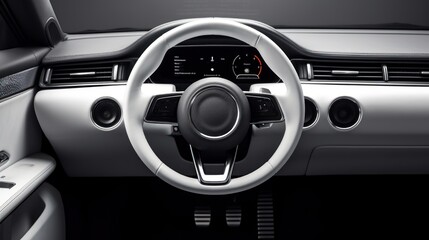 Fototapeta premium Modern car interior. Steering wheel with media phone control buttons 