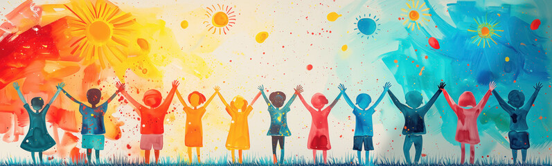 Child's drawing with children holding hands up. Happiness and friendship, childhood concept.