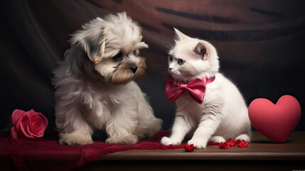 Chic Minimalism Love Cat Dog in Romantic Harmony Background Ai Generative