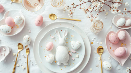Aesthetically decorated table with easter bunnies, eggs, gold cutlery. Festive Easter concept. Top view. Generative AI