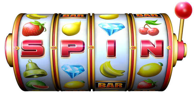 The reels of a slot machine showcasing an array of popular slot symbols and the SPIN word lined up on the pay line. 3D rendering.