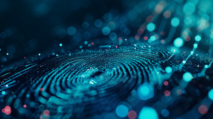 Macro of a fingerprint. Biometric cybersecurity concept. Blue abstract background