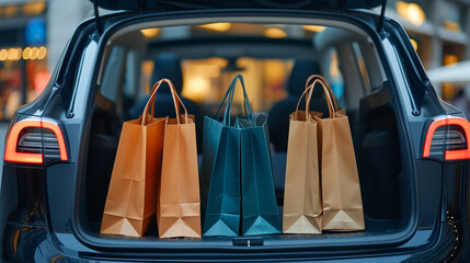 Luxury shopping bags in a car trunk, ready for an upscale retail experience.