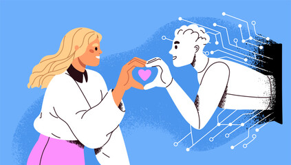 AI and human love concept. Woman and artificial intelligence in romantic relationships. Enamored girl and humanoid robot couple. Digital virtual robotic man valentines. Flat vector illustration