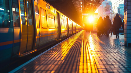 Bustling city train platform during a vibrant sunset - obrazy, fototapety, plakaty
