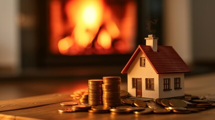 Warm home atmosphere with a toy house and coins on a wooden table.