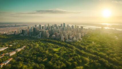 ariel view of a green city, bird eye view, golden hour sunlight with sky, landscape background