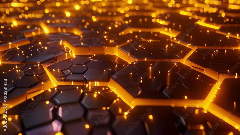 Poster a mesmerizing pattern of neon yellow hexagons and triangles creating a neon honeycomb effect.
