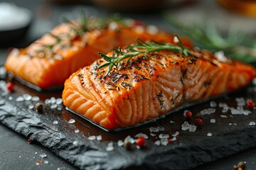 salmon steak on the bonesalmon steak on salt stone table