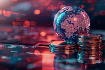 A futuristic and striking of a holographic globe, glowing with digital continents, next to a stack of physical bitcoins, symbolizing the intersection of global digital currency and technology
