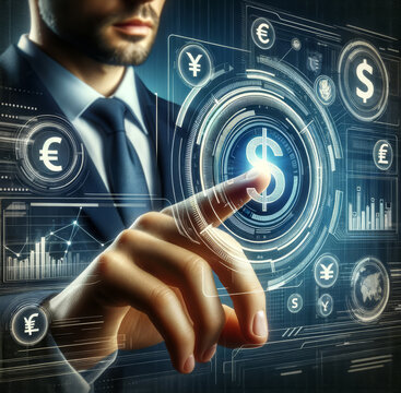 Businessman finger is touching a futuristic virtual holographic screen interface. Virtual Bank concept.