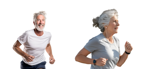 Assortment of Delighted Old Couple Racing and Maintaining a Healthy Lifestyle for Longevity, Mature Gentleman and Lady, Isolated on Transparent Background, PNG