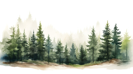 forest of pine tree drawing in watercolor panorama view