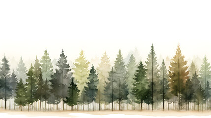 pine tree drawing in watercolor panorama view