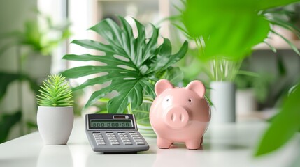 Piggy Bank and Calculator on a White Desk Amidst Indoor Plants - obrazy, fototapety, plakaty