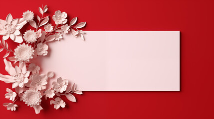 Top View Festive Floral Greeting Card Design. Elegant red and white floral design with copy space for cards.