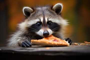 Funny raccoon holding pizza in its paws,raccoon eating pizza,forest animal looking into the frame