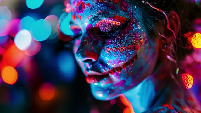Glowinthedark face paint and body art adding to the neon party atmosphere.