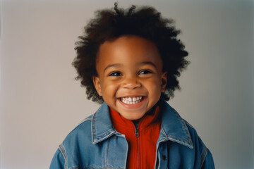 African American joyful 4 year old child in simple clothes smiles on a solid color background
