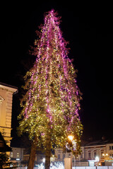 NOWY TARG, POLAND - DECEMBER 19, 2023: Beautiful, shiny Christmas light decorations in Nowy Targ, Poland.