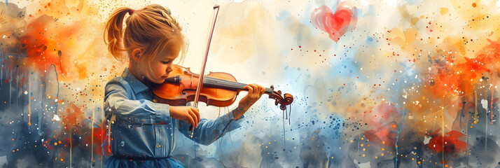 A young girl, a child plays the violin against a watercolor background, a lot of energy and expression - obrazy, fototapety, plakaty