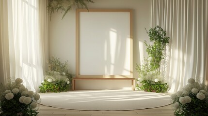Empty wooden frame for wedding ceremony with a bouquet of white flowers and white curtain. A welcome sign at the entrance of the wedding ceremony.