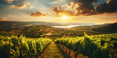 Vineyard landscape with an old winery building on a hill in a sunset sun rays. Rows of grapes....