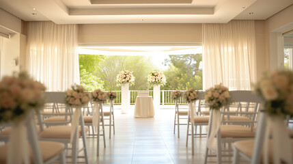 minimal wedding ceremony in white color decorated with pink flowers and white cloth and white wooden chairs for guests on each side.