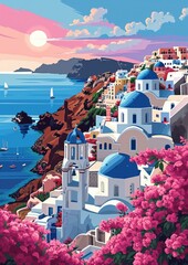 beautiful boho vector art illustration wall art print of a stunning Santorini Greece cityscape