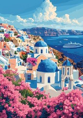 beautiful boho vector art illustration wall art print of a stunning Santorini Greece cityscape