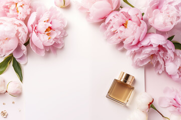 Top View Elegant Peonies with Perfume Bottle. Top view of elegant peony blossoms and perfume bottle, ideal for beauty themes and Mother's Day.
