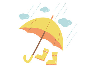 Rainy weather. Rubber boots, umbrella dark clouds and waters drops circle composition. Protect from bad season rainfall. Monsoon elements. Spring symbols isolated. Vector illustration